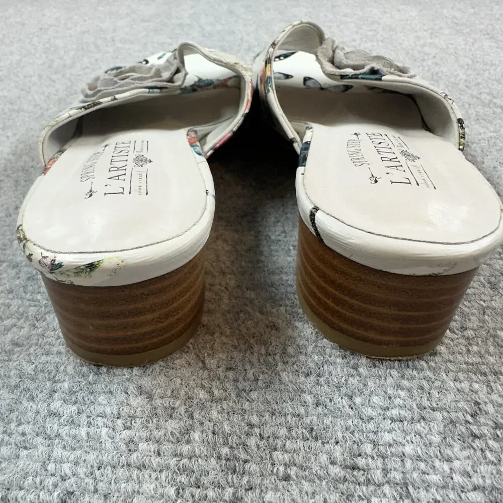 L'Artiste By Spring Step Isittora White Multi Women's Slides Size 9 Butterfly